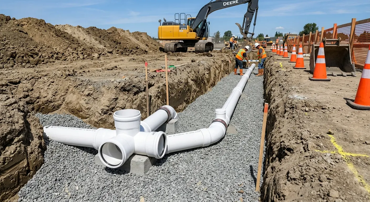 New PVC sewer pipe installation in open trench for Sewer Backup in Kula