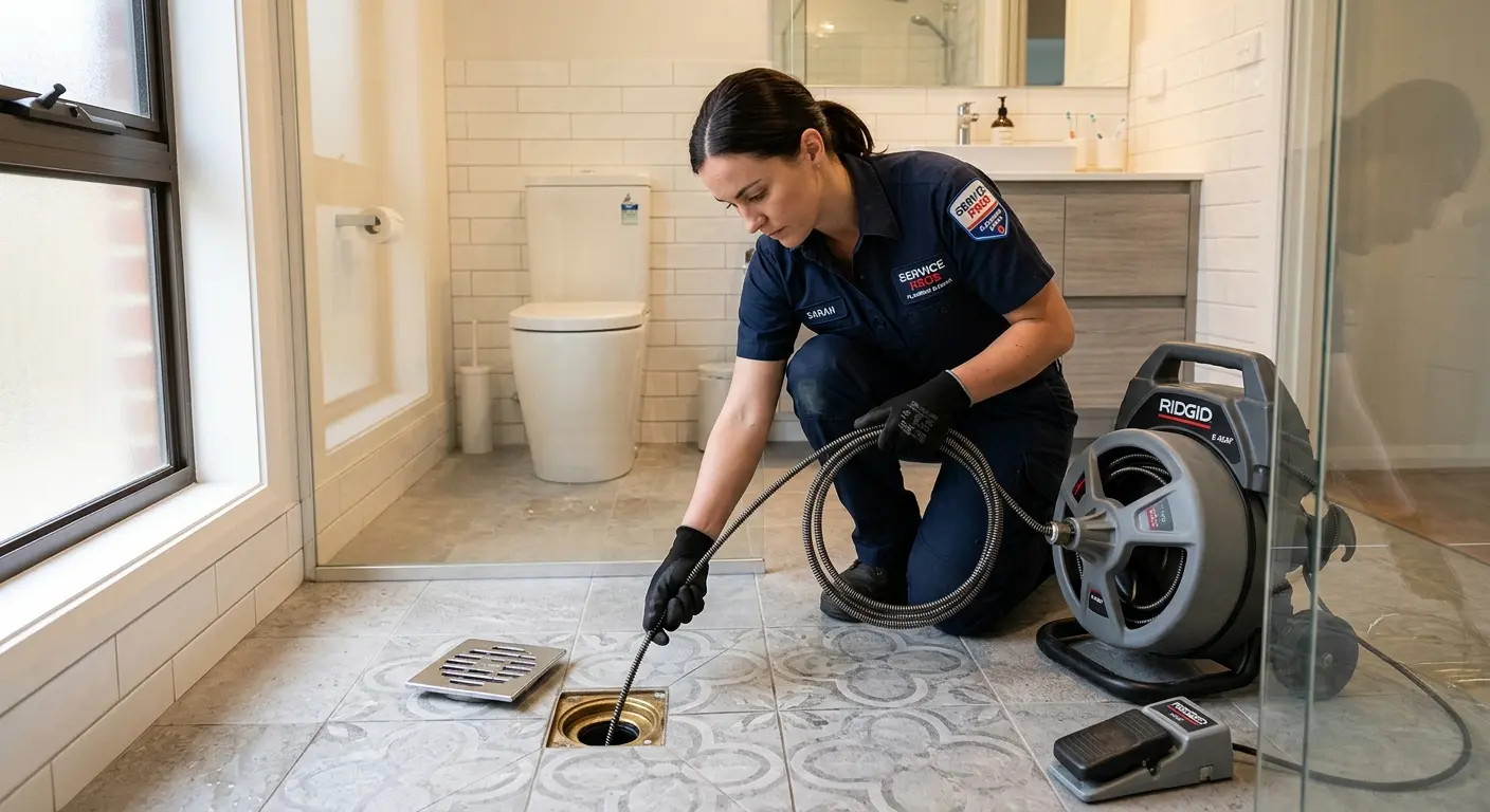 Technician clearing a bathroom floor drain for Sewer Line Replacement in Kula
